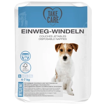 Opakowanie jednorazowych pieluch dla psów, oznaczone "Take Care," z małym sylwetką psa. Zawiera 14 sztuk, odpowiednie dla psów 4-7 kg.