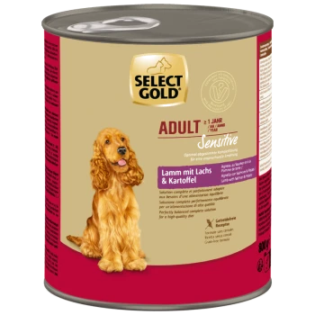 Select Gold Adult Sensitive Hundefutterdose mit Lamm, Lachs und Kartoffel, mit Bild eines Golden Retrievers, 800 g.