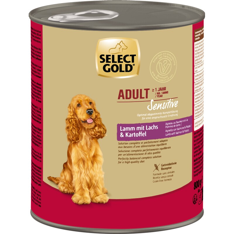 SELECT GOLD Sensitive Nourriture humide Adulte Agneau au Saumon & aux Pommes de terre 24x800 g