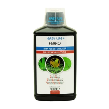 Easylife Ferro 500 ml Flasche mit Easy-Life Ferro Eisenpflanzen-Dünger, 500 ml, beschriftet mit 'Für intensive grüne Farbe', mit Bildern von gesunden Wasserpflanzen.