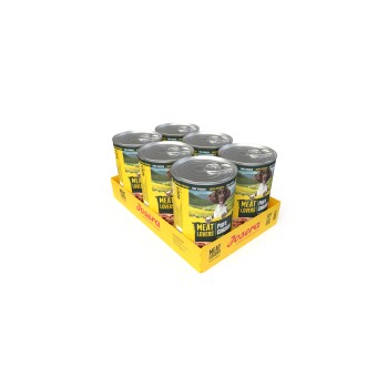 Sechserpack Josera Meat Lovers Pure Chicken Hundefutterdosen in einer gelben Schale, Etikett zeigt einen Hund und die Texte 'Meat Lovers' und 'Pure Chicken'.