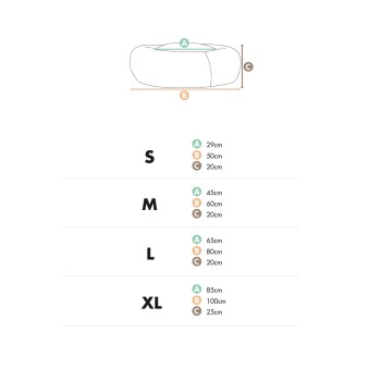 Größentabelle für Hundebetten mit Abmessungen für kleine (S), mittlere (M), große (L) und extra große (XL) Optionen.