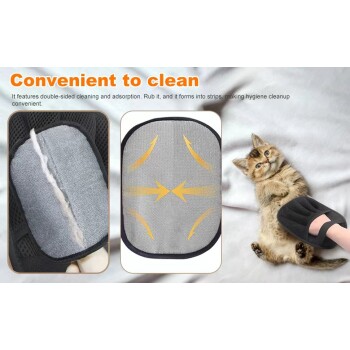 Fellentfernungs-Handschuh für Haustiere zeigt Reinigung eines Kätzchens, mit Text „Bequem zu reinigen“ und Gebrauchsanweisung.