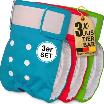Bunte Tierwindeln in Blau, Rot und Grün, beschriftet mit "3er SET" und einem Etikett mit der Aufschrift "DEUTSCHE MARKE."