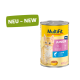 Dosenkatzenfutter mit der Aufschrift "MultiFit Junior" und einem Bild eines orangefarbenen Kätzchens, mit einem grünen "NEU - NEW" Banner und einer Lachs-Geschmacksangabe.