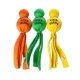 Trois jouets pour chien KONG Wubba en orange, vert et jaune, avec un dessus rond et de longues queues souples pour rapporter et tirer.