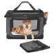 Shiba Inu in grauer Feandrea-Transporttasche aus weichem Material mit Netzfront und passender gefalteter Tasche darunter
