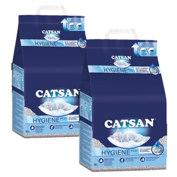 Twee zakken CAT SAN Hygiene Plus kattenbakvulling, elk 18L, met een blauw ontwerp met een slapende kat en waterdruppelgraphics.