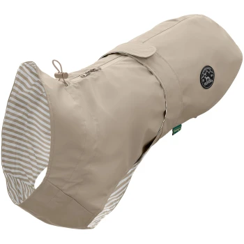 Beige Hunderegenmantel mit gestreiftem Innenfutter, mit einem Logo-Patch und verstellbarem Kordelzug für einen sicheren Sitz.