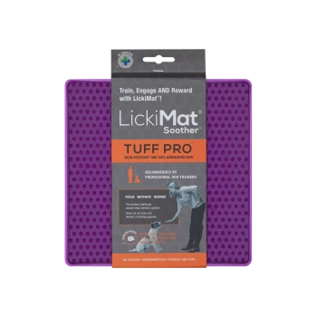 Lila LickiMat Soother Tuff Pro, kaubeständig und spülmaschinenfest, mit Text, der die Trainingsvorteile und Empfehlungen von Hundetrainern hervorhebt.