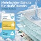 Saugfähige und schnell trocknende Haustierunterlagen mit einem dreilagigen Fleece-Material, mit Text, der ihre Wirksamkeit und keine Pfützen hervorhebt.