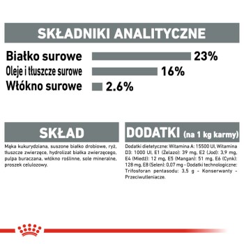 Informacje żywieniowe o karmie dla zwierząt: 23% białka, 16% tłuszczu, 2,6% błonnika. Składniki: mąka kukurydziana, białko drobiowe, ryż, tłuszcze, witaminy, minerały.