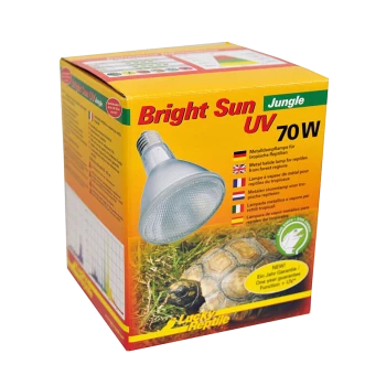 Verpackung für die Bright Sun UV 70W Lampe für Reptilien, mit einer reflektierenden Glühbirne und einem Schildkrötenbild, mit mehrsprachigem Text und einem Garantieetikett für ein Jahr.