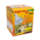 Verpackung für die Bright Sun UV 70W Lampe für Reptilien, mit einer reflektierenden Glühbirne und einem Schildkrötenbild, mit mehrsprachigem Text und einem Garantieetikett für ein Jahr.