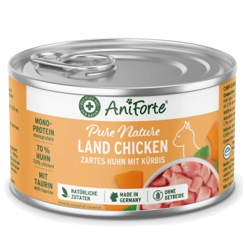 Dose AniForte Pure Nature Land Hähnchen Haustierfutter, 70% Hähnchen und Kürbis, Mono-Protein, natürliche Zutaten, hergestellt in Deutschland.
