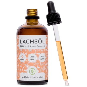 Lachsölprodukte in verschiedenen Behältern, beschriftet mit "100% natürlich mit Omega 3," geeignet für Hunde aller Größen und Altersgruppen.