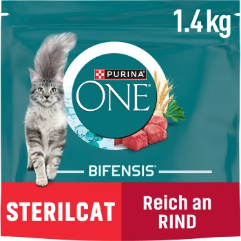 Purina ONE Bifensis Sterilcat Katzenfutterbeutel, mit einer grauen getigerten Katze, 1,4 kg, mit dem Text 'Reich an Rind als Zutat Nr. 1'.