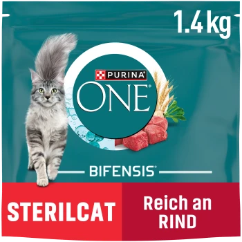 Purina ONE Bifensis Sterilcat Katzenfutterbeutel, mit einer grauen getigerten Katze, 1,4 kg, mit dem Text 'Reich an Rind als Zutat Nr. 1'.