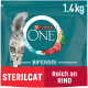Purina ONE Bifensis Sterilcat Katzenfutterbeutel, mit einer grauen getigerten Katze, 1,4 kg, mit dem Text 'Reich an Rind als Zutat Nr. 1'.