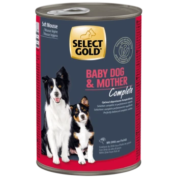 Select Gold Baby Dog & Mother Complete soft mousse dog food can with images of adult and puppy dogs.