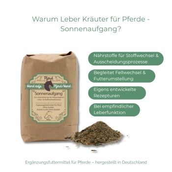 Braune Papiertüte des Kräuterergänzungsmittels „Sonnenaufgang“ zur Unterstützung der Pferdeleber mit losen Kräutern und deutschen Textdetails.