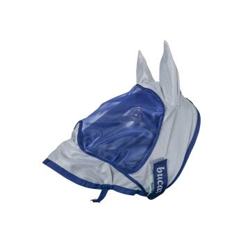 Eine graue und blaue Netzfliegenmaske für Pferde mit spitzen Ohren und einer transparenten Vorderseite, mit einem "Bucas"-Etikett an der Seite.