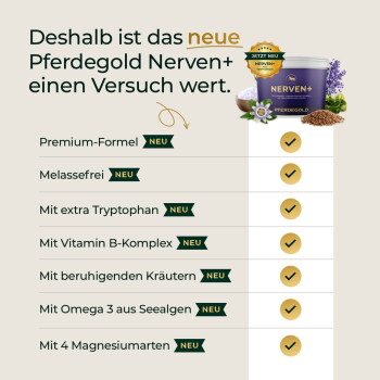Dose von Pferdegold Nerven+ mit deutscher Überschrift und Checkliste der Vorteile (Premium-Formel, melassefrei, extra Tryptophan).