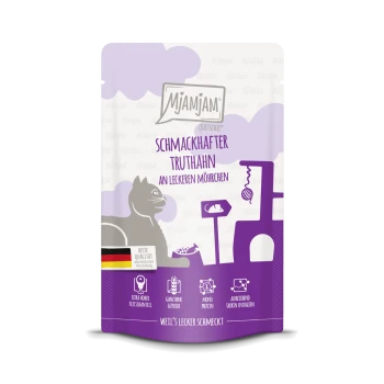 Mjamjam Tiernahrungstasche mit "Schmackhafter Truthahn an leckeren Möhrchen", lila Design, deutsches Qualitätssiegel und hohe Fleischicons.