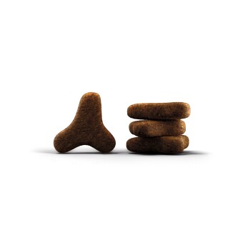 Braune Tierfutterkibble in Form eines Knochens und ein Stapel rechteckiger Stücke, vor einem weißen Hintergrund.