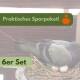 Taube auf Nest mit Eiern, überlagert mit Text "Praktisches Sparpaket!" und "6er Set" sowie einem Sparschwein-Symbol.