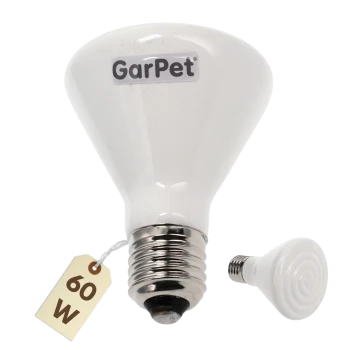 Weiße GarPet‑Keramik‑Wärmelampe mit Metall‑Schraubfassung und Anhänger „60 W“, daneben eine kleine passende Lampe