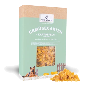 Paws & Patch 'Gemüsegarten - Kartoffeln' Tierfutterbox mit Sichtfenster, das getrocknete Kartoffelwürfel zeigt, Abbildung von Hund und Katze und einem Haufen Stücke