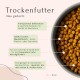 Trockenfutter für Hunde, mit 100% frischem Muskel- und ohne Fleischmehle, in einer grauen Schüssel, mit Details zu Zutaten und Qualität.