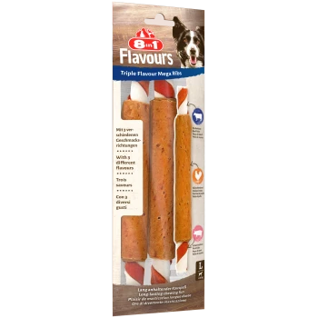 8in1 Flavours Triple Flavour Mega Ribs Hundesnacks mit Rinderhaut, Hähnchenbrust und Schweinehaut, für Hunde über 25 kg.