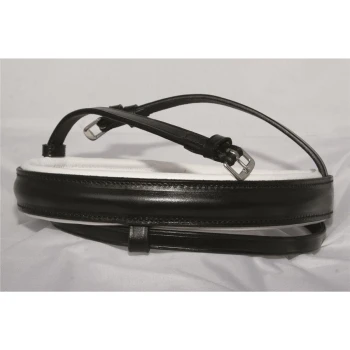 Schwarzes Leder-Halsband für Haustiere mit einem weißen gepolsterten Innenraum und verstellbarem Schnallenverschluss, auf einem hellen Hintergrund präsentiert.