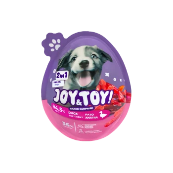 Lila eiförmige Haustiersnack-Verpackung mit Aufschrift JOY&TOY!, fröhlichem Welpen, ‚2in1 snack + toy‘ und weichem Enten-Jerky.