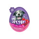 Lila eiförmige Haustiersnack-Verpackung mit Aufschrift JOY&TOY!, fröhlichem Welpen, ‚2in1 snack + toy‘ und weichem Enten-Jerky.