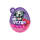 Lila eiförmige Haustiersnack-Verpackung mit Aufschrift JOY&TOY!, fröhlichem Welpen, ‚2in1 snack + toy‘ und weichem Enten-Jerky.