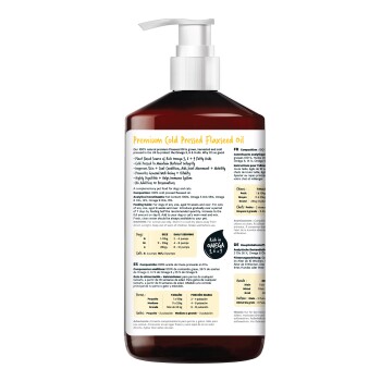 Flasche Premium kaltgepresstes Leinsamenöl für Haustiere, reich an Omega 3, 6, 9, mit Fütterungshinweisen und Vorteilen.