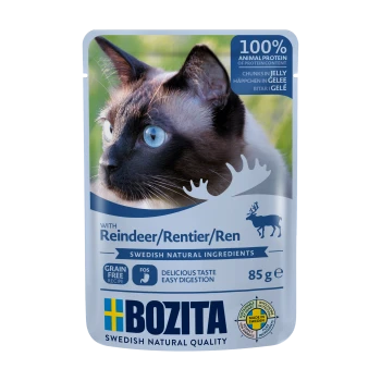 Huisdiervoedingszakje met een close-up van een Siamees, gelabeld 'Bozita' met rendier als hoofdingrediënt, 85g, graanvrij en gemakkelijk verteerbaar.