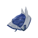 Eine graue und blaue Netzfliegenmaske für Pferde, mit spitzen Ohren und einer transparenten Vorderseite, gekennzeichnet mit dem Markennamen "Bucas."
