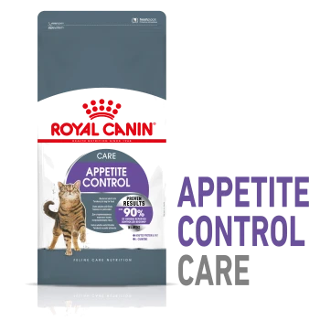 Royal Canin Appetite Control cat food bag with a tabby cat illustration and text: "90% of owners saw results in 4 weeks."