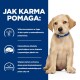 Piesek w jasnym kolorze na niebieskim tle z tekstem o korzyściach karmy dla psów dla wrażliwości, snu i zdrowia skóry.