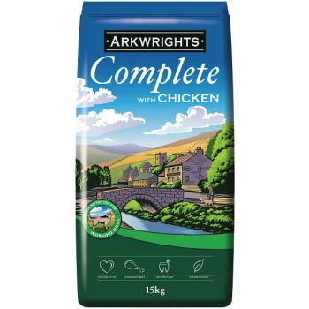 Eine 15 kg schwere Tüte Arkwrights Complete Hundefutter mit Hühnchen, die eine malerische Landschaftsillustration und ein Logo für Arbeitshunde zeigt.
