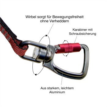 Nahaufnahme eines Haustierleinenclips mit einem drehbaren, roten Schraubverschlusskarabiner und leichtem Aluminiumdesign.