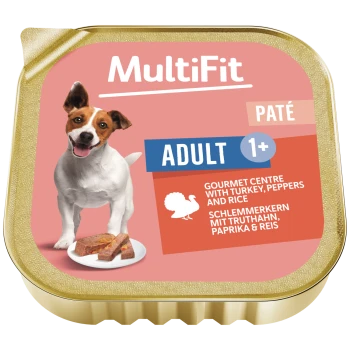 MultiFit pâté tray with happy dog, pâté on a plate, labels 'MultiFit', 'PATÉ', 'ADULT 1+' and 'Gourmet centre with turkey'.
