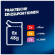 Dunkelblauer Werbeaufdruck: 'PRAKTISCHE EINZELPORTIONEN', Beutel-Icon 6x 48 g, Angaben: 2x mit Rind; 2x mit Huhn; 2x mit Lamm.