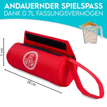 Rote Haustierspielzeugtasche mit einem Fassungsvermögen von 0,7L, mit einem Klettverschluss, 18 cm lang und 7 cm hoch.