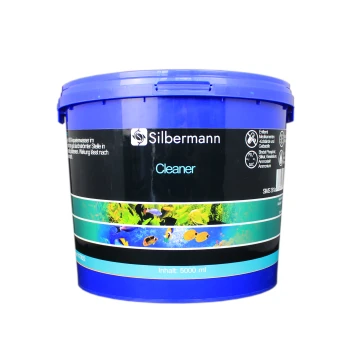 Blauer Eimer mit der Aufschrift "Silbermann Cleaner" mit aquatischen Bildern, enthält 5000 ml, entworfen für die Aquarienpflege.
