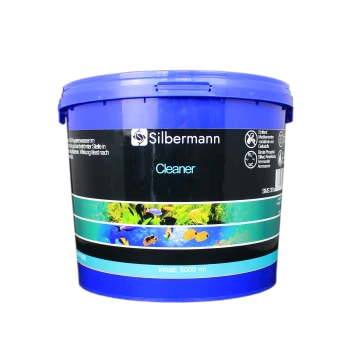 Blauer Eimer mit der Aufschrift "Silbermann Cleaner" mit aquatischen Bildern, enthält 5000 ml, entworfen für die Aquarienpflege.
